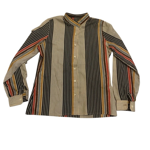 Vintage 70s Striped Blouse - High Neck Button Down - Retro Style Size Medium - Picture 1 of 5